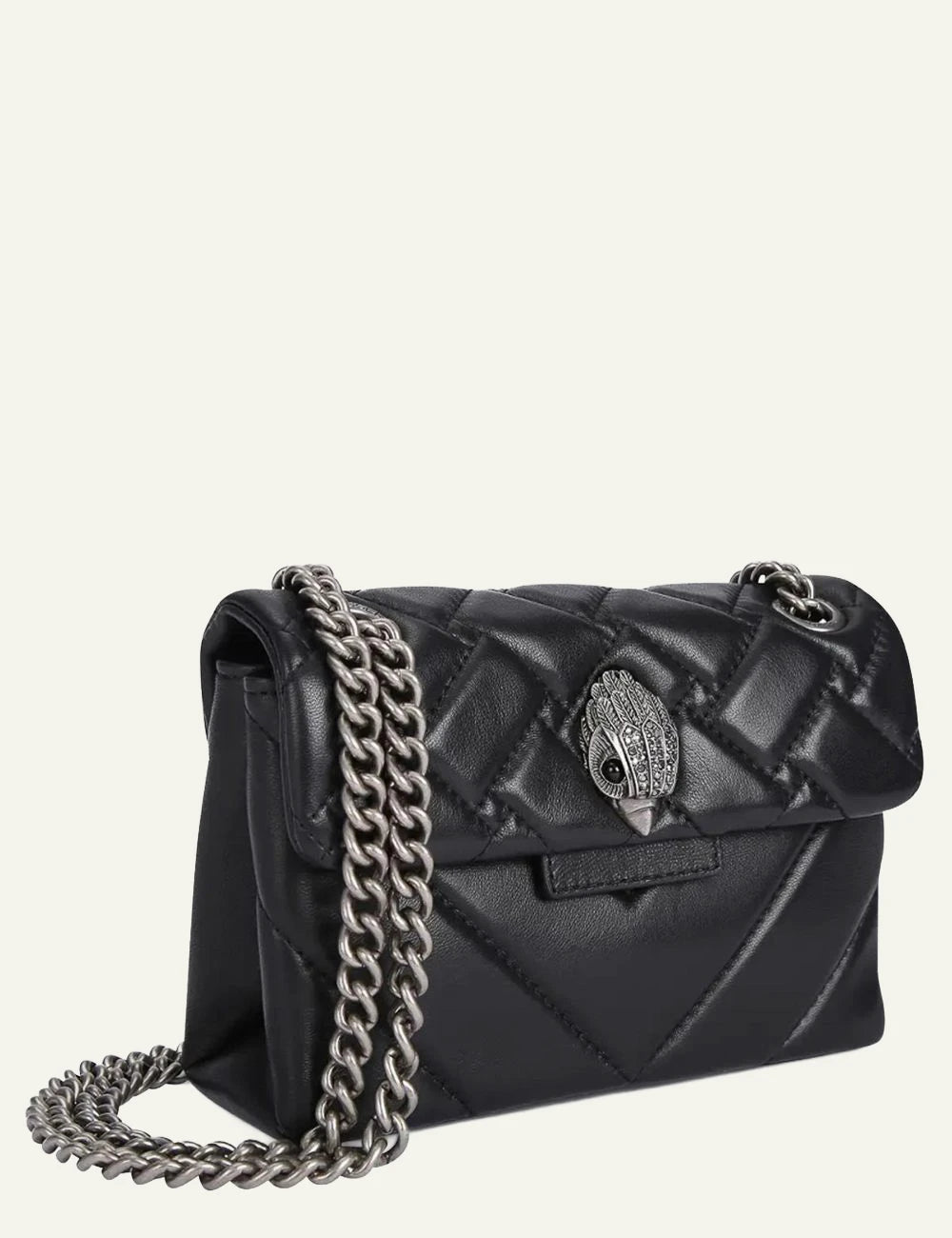 Black quilted leather Kurt Geiger crossbody bag with silver chain strap and eagle head clasp side