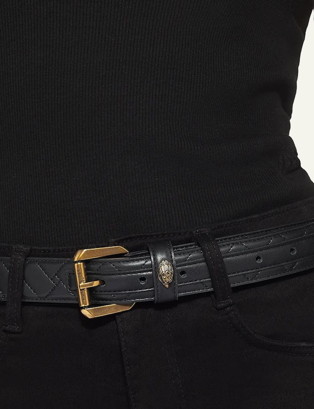 Kurt Geiger black quilted leather belt with gold buckle model