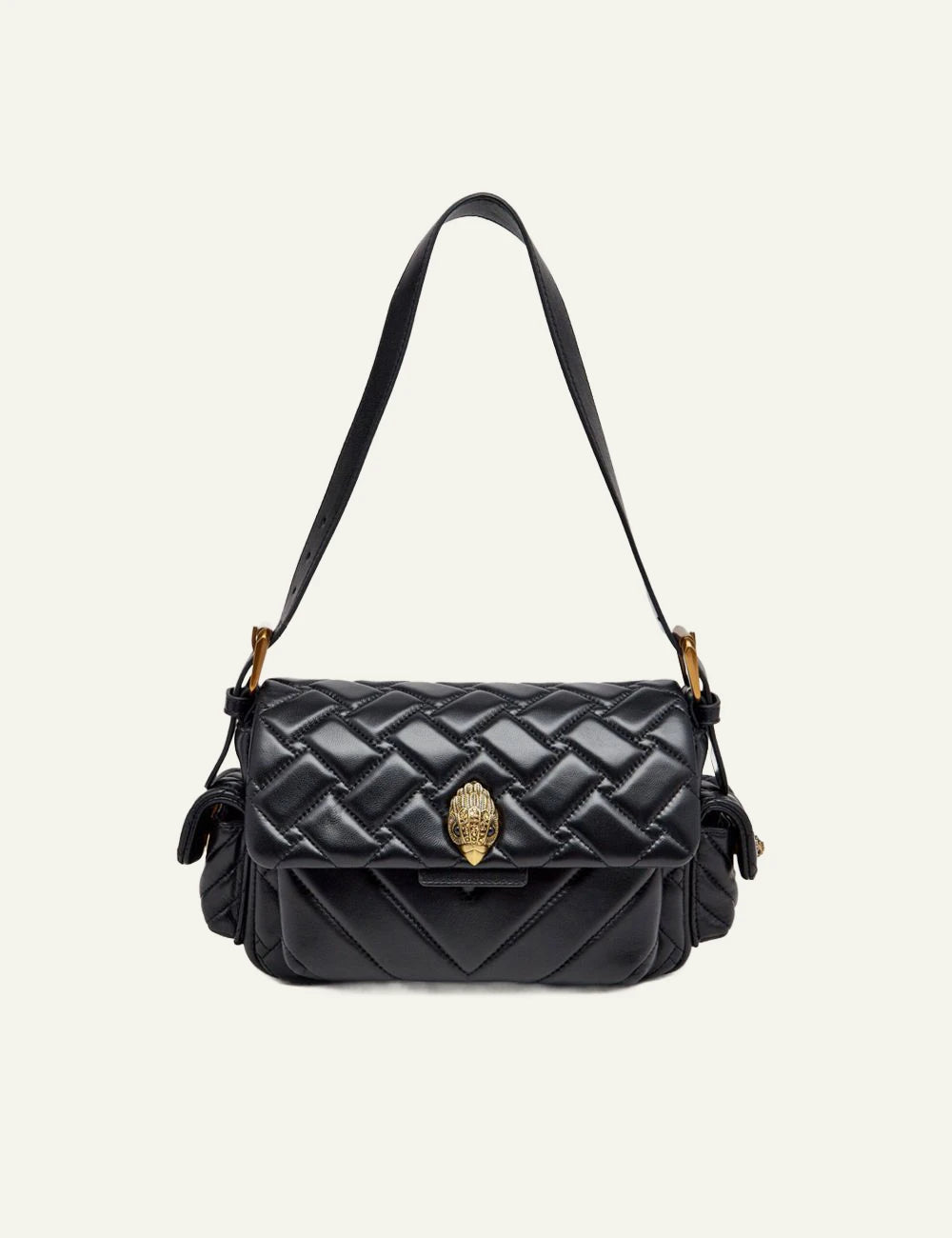 Black quilted leather Kurt Geiger shoulder bag with side pockets and gold eagle head clasp