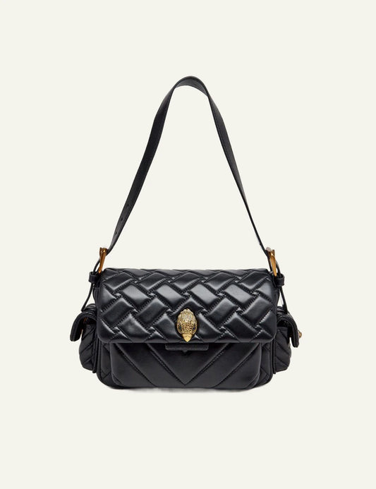 Black quilted leather Kurt Geiger shoulder bag with side pockets and gold eagle head clasp