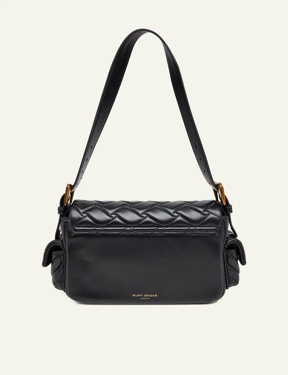 Black quilted leather Kurt Geiger shoulder bag with side pockets and gold eagle head clasp back