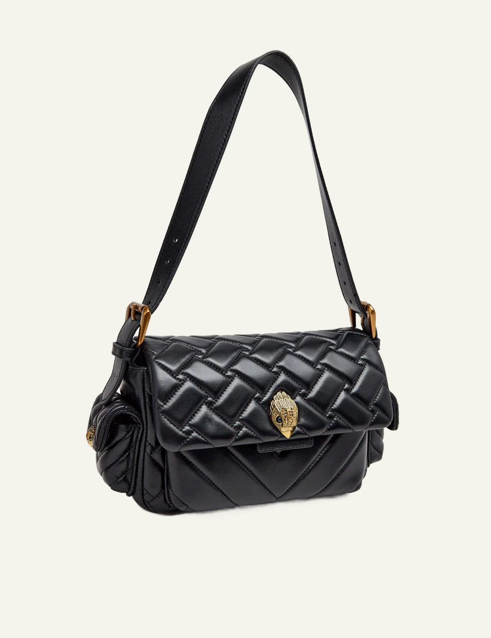 Black quilted leather Kurt Geiger shoulder bag with side pockets and gold eagle head clasp side