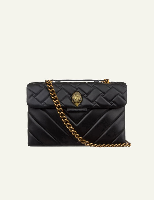 Black quilted Kurt Geiger shoulder bag with antique gold chain strap and eagle head clasp