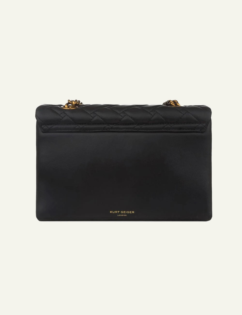 Black quilted Kurt Geiger shoulder bag with antique gold chain strap and eagle head clasp back
