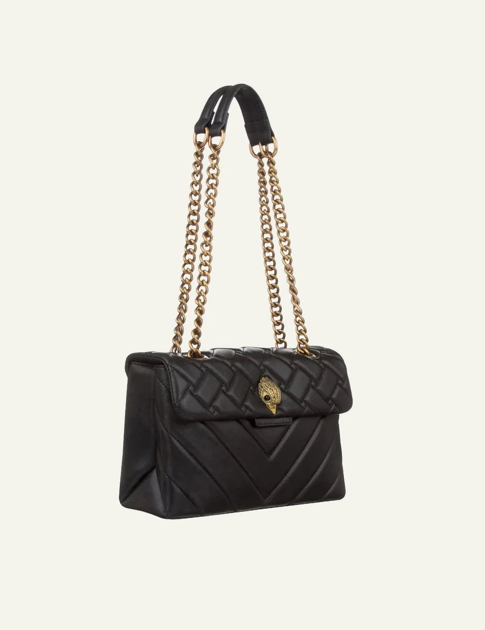 Black quilted Kurt Geiger shoulder bag with antique gold chain strap and eagle head clasp side