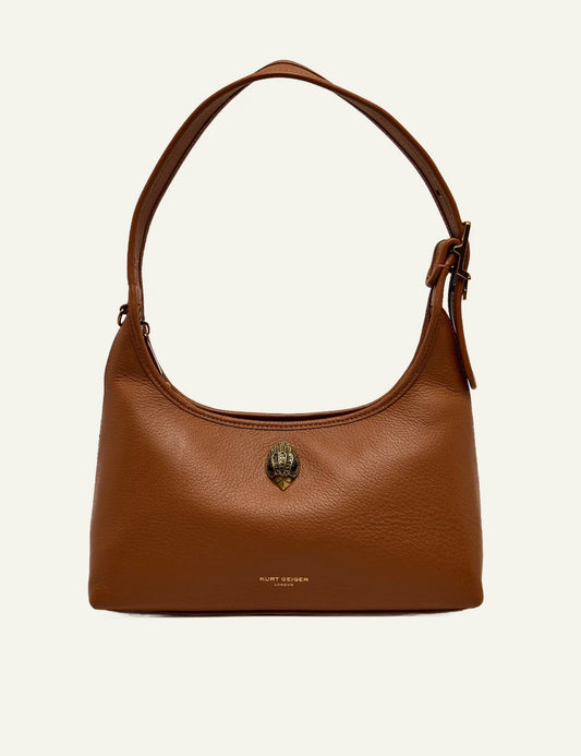 kurt geiger brown leather hobo bag eagle detail buckle strap front view