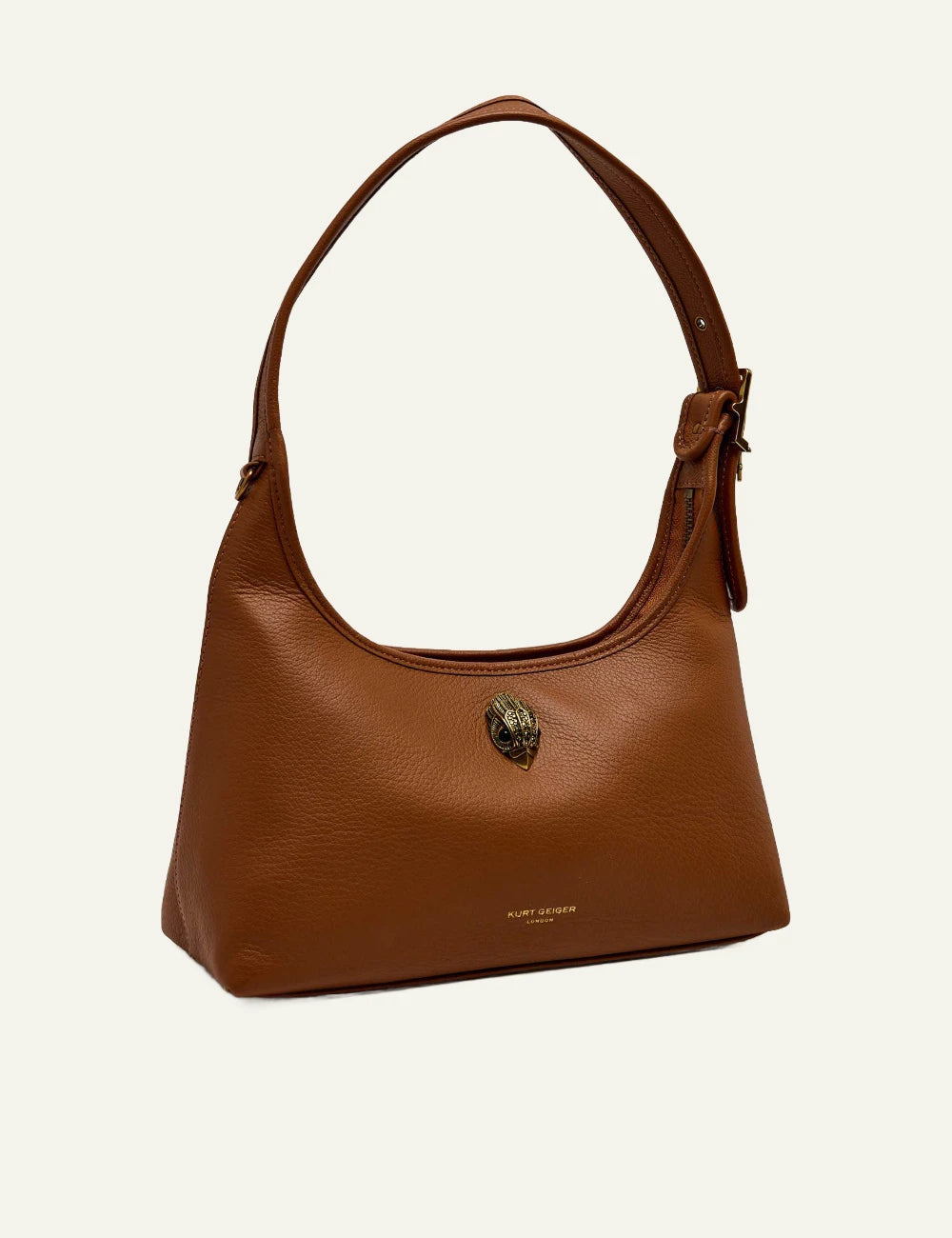 kurt geiger brown leather hobo bag eagle detail buckle strap side view