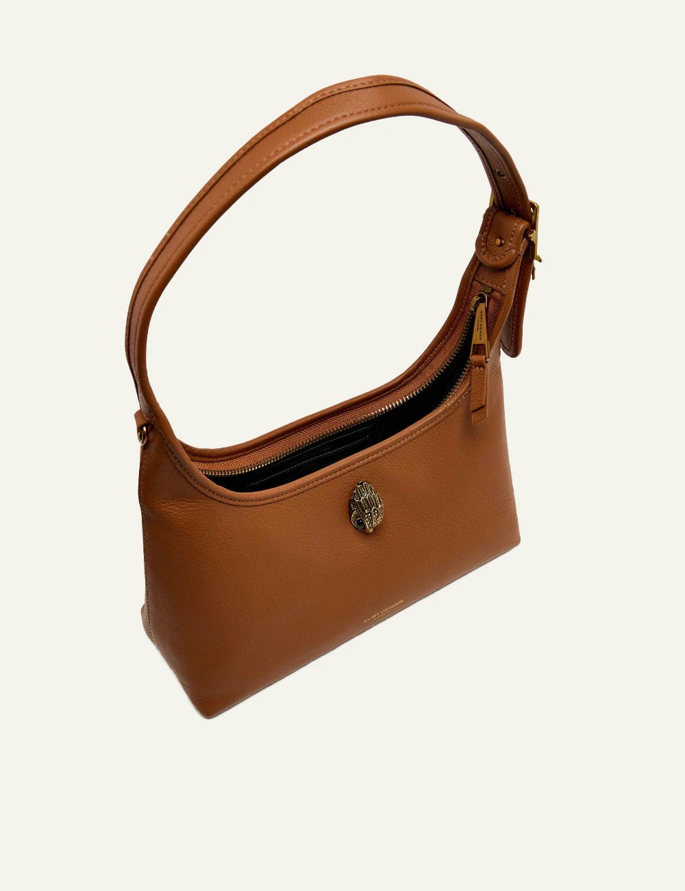 kurt geiger brown leather hobo bag eagle detail buckle strap top view