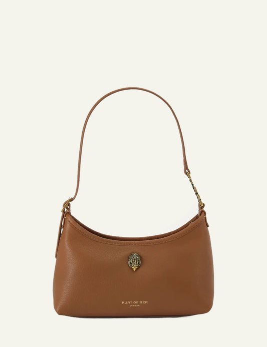 kurt geiger brown leather shoulder bag eagle head detail minimal front view