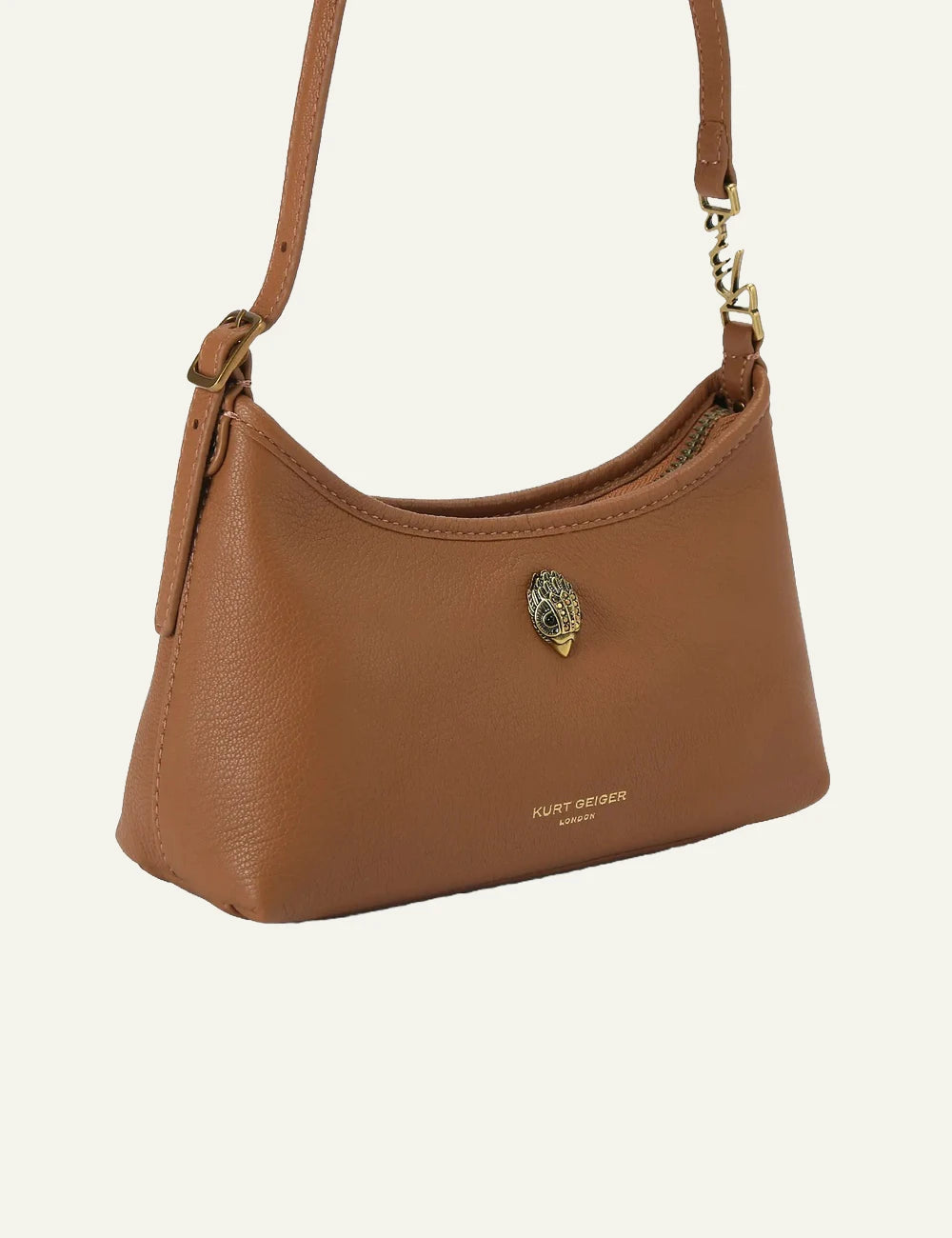 kurt geiger brown leather shoulder bag eagle head detail minimal side view