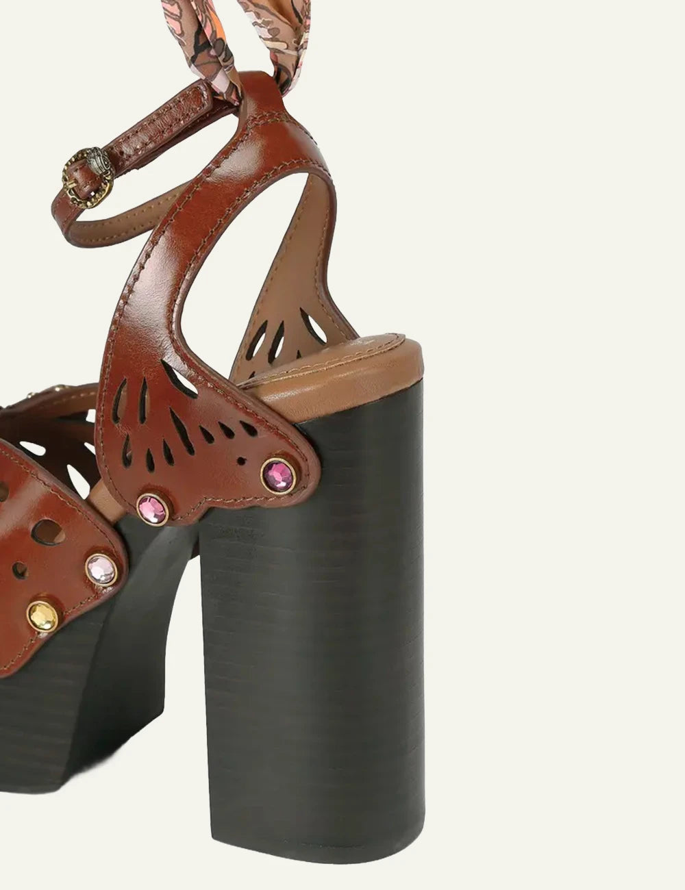 Kurt Geiger butterfly platform heels brown leather ankle scarf crystals back view