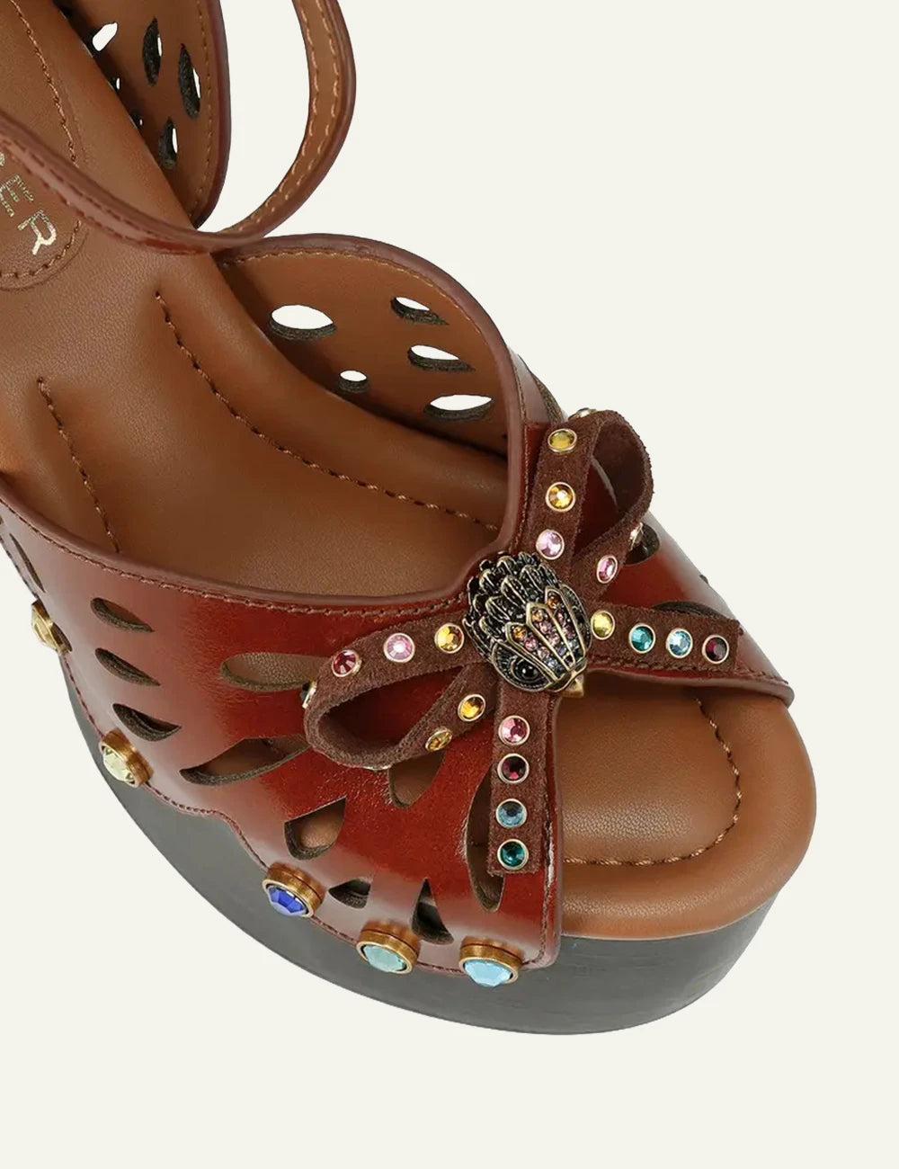Kurt Geiger butterfly platform heels brown leather ankle scarf crystals angled view