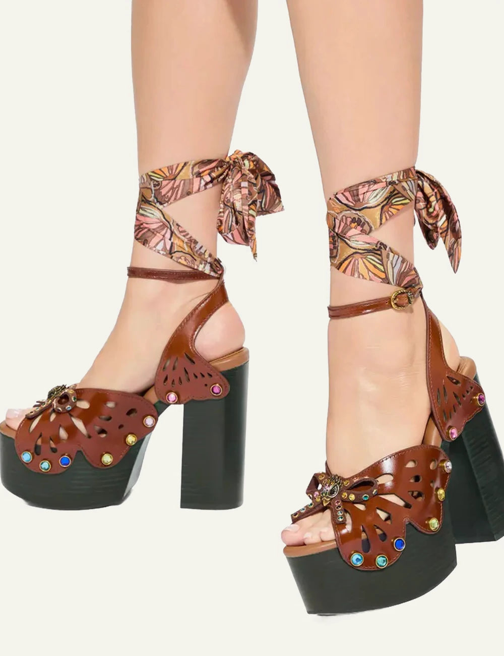 Kurt Geiger butterfly platform heels brown leather ankle scarf crystals side model view