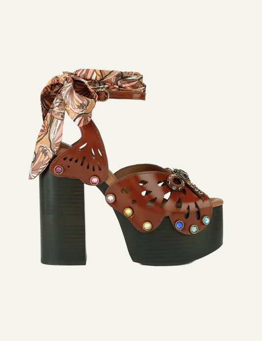 Kurt Geiger butterfly platform heels brown leather ankle scarf crystals side view