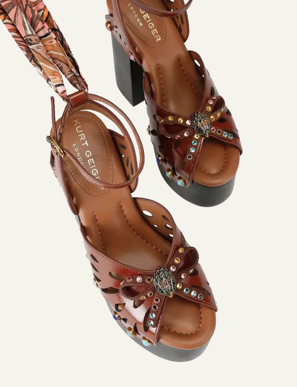 Kurt Geiger butterfly platform heels brown leather ankle scarf crystals top view