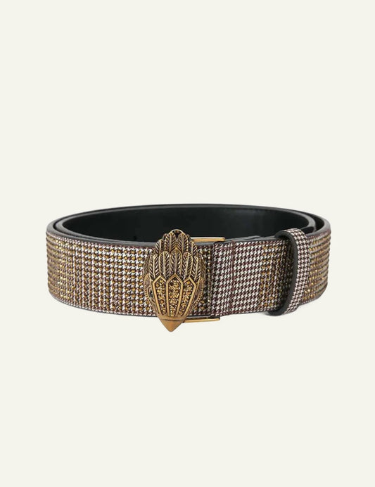 Kurt Geiger check embellished belt with gold eagle buckle