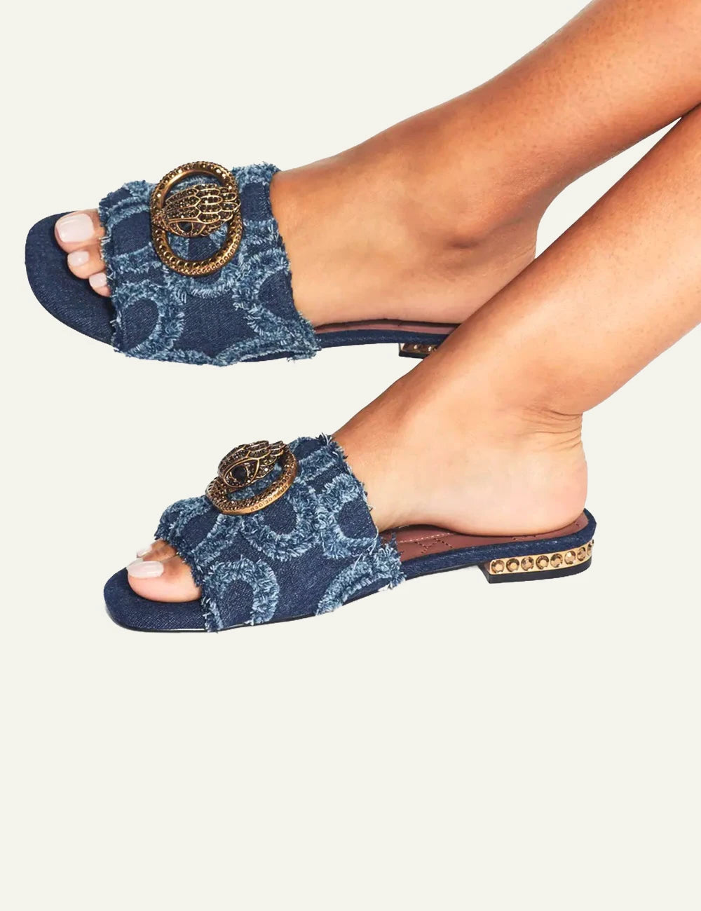 Kurt Geiger Chelsea flat sandal denim blue frayed detail eagle head model view