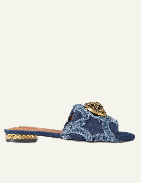 Kurt Geiger Chelsea flat sandal denim blue frayed detail eagle head side view