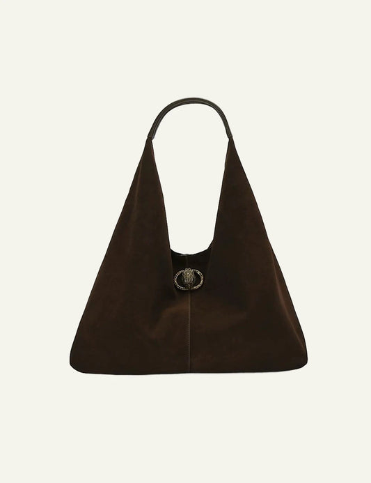 Dark brown suede Kurt Geiger Chelsea Large Slouch Hobo shoulder bag with eagle head detail