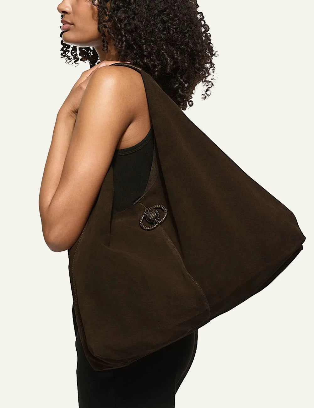Dark brown suede Kurt Geiger Chelsea Large Slouch Hobo shoulder bag with eagle head detail model