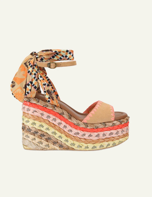 Kurt Geiger Chelsea wedge heels mustard suede raffia platform scarf ankle side view