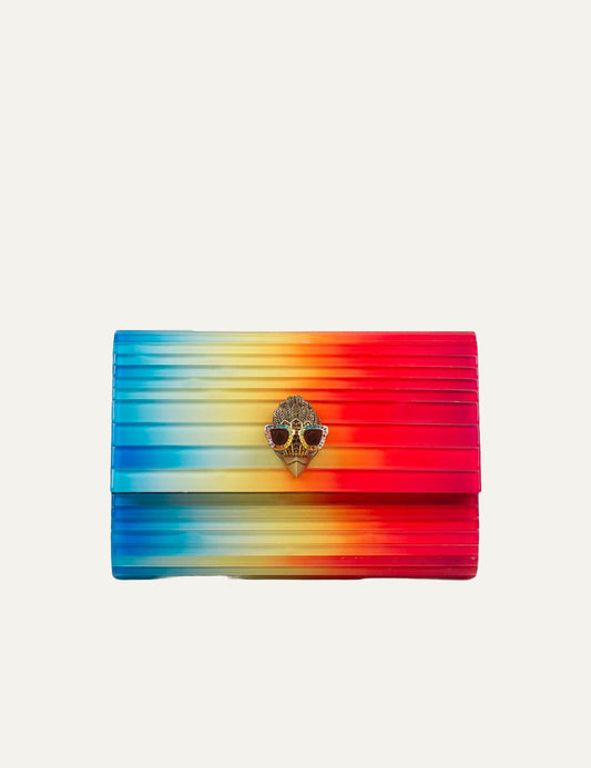 Kurt Geiger clutch rainbow gradient striped eagle sunglasses detail front