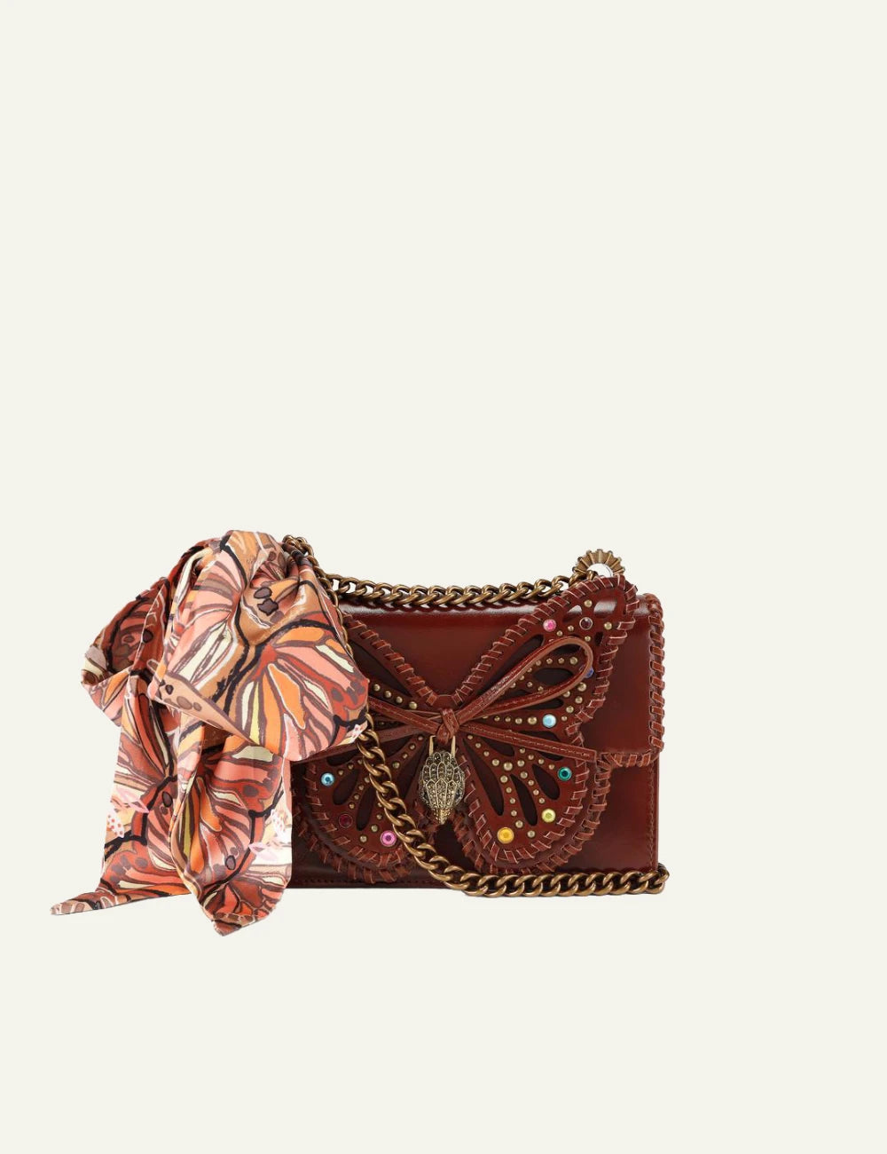 Kurt Geiger crossbody bag brown leather butterfly detail scarf chain eagle front