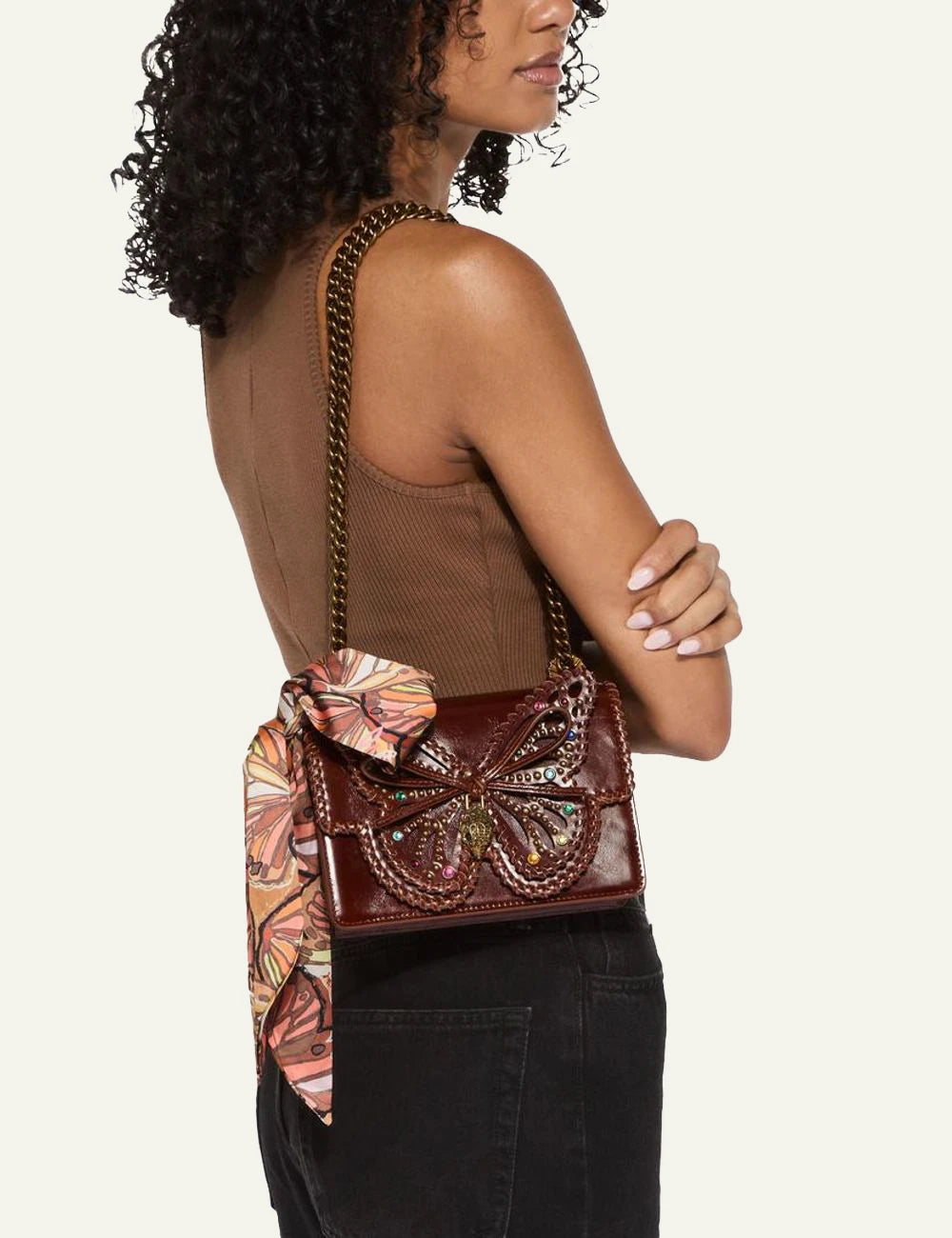 Kurt Geiger crossbody bag brown leather butterfly detail scarf chain eagle front model