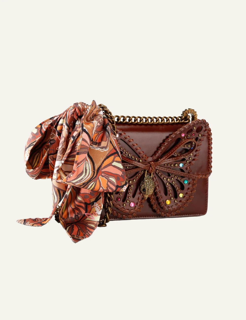 Kurt Geiger crossbody bag brown leather butterfly detail scarf chain eagle  side