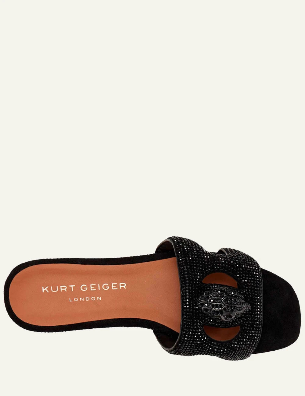 Kurt Geiger cut out sandal black strass embellished eagle logo top detail view