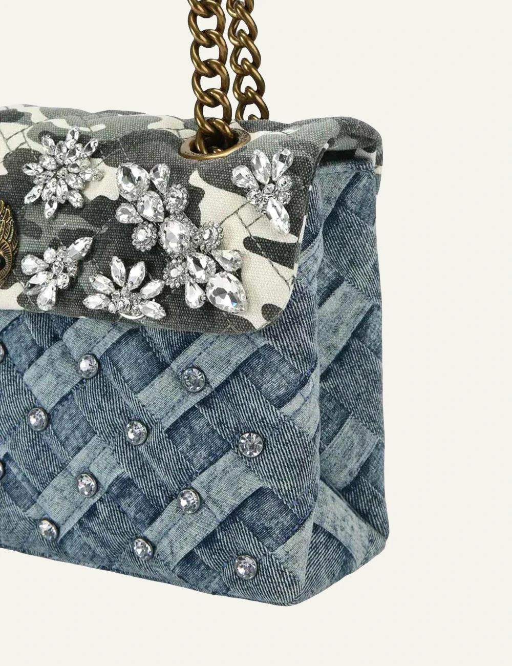 kurt geiger denim shoulder bag camo crystals quilted chain strap side detail view