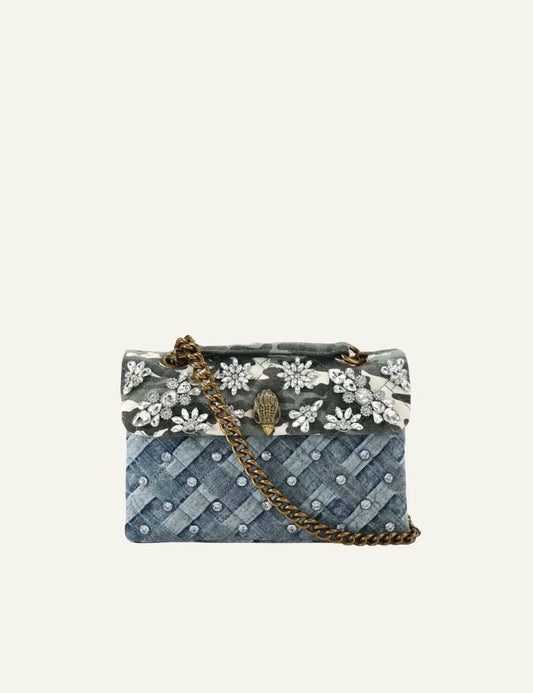 kurt geiger denim shoulder bag camo crystals quilted chain strap front view