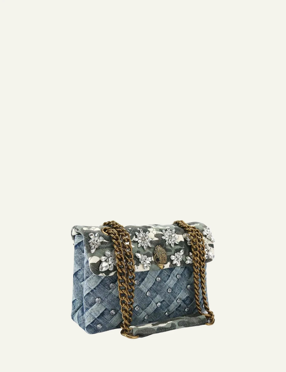 kurt geiger denim shoulder bag camo crystals quilted chain strap side view
