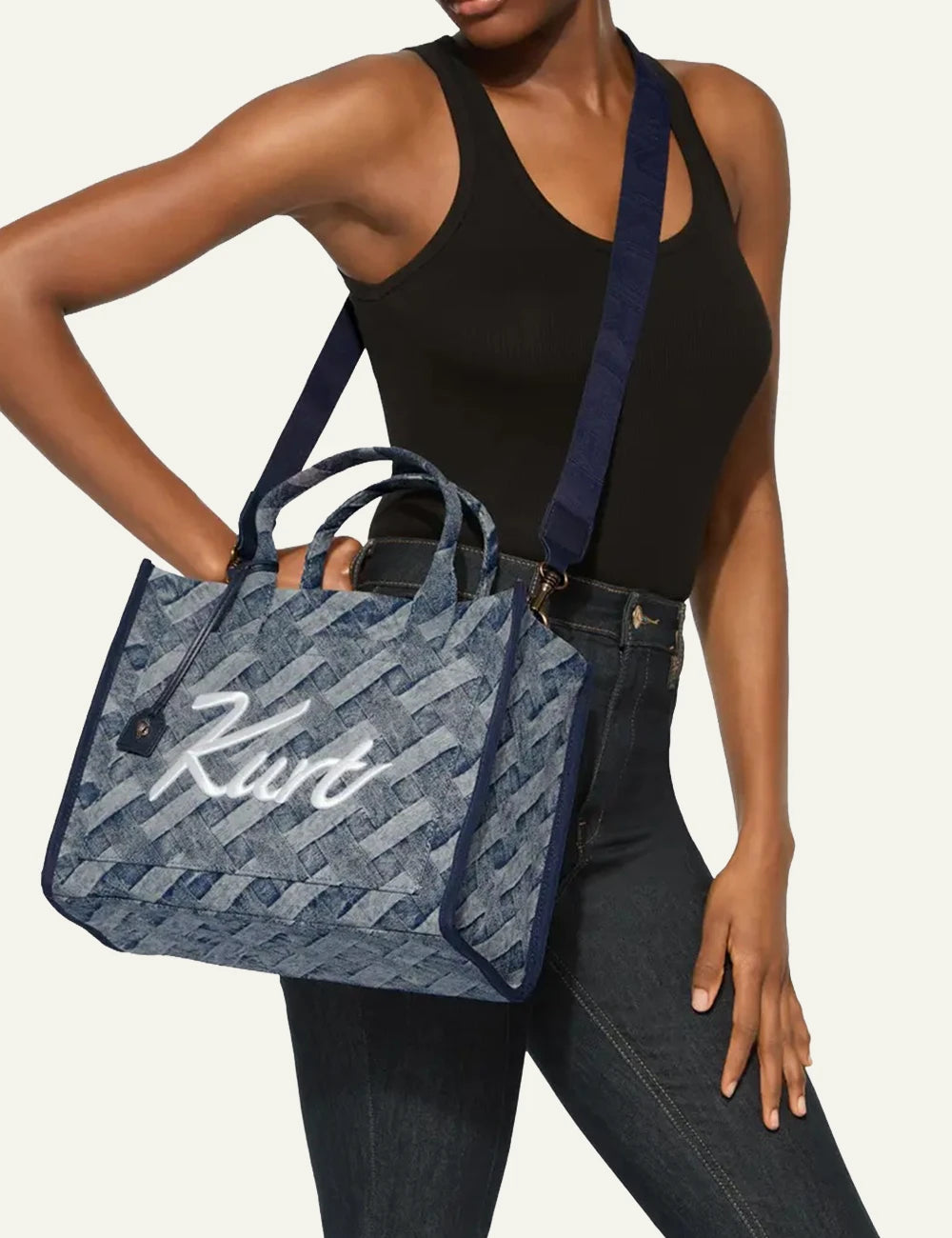 kurt geiger denim tote bag kurt logo front model view