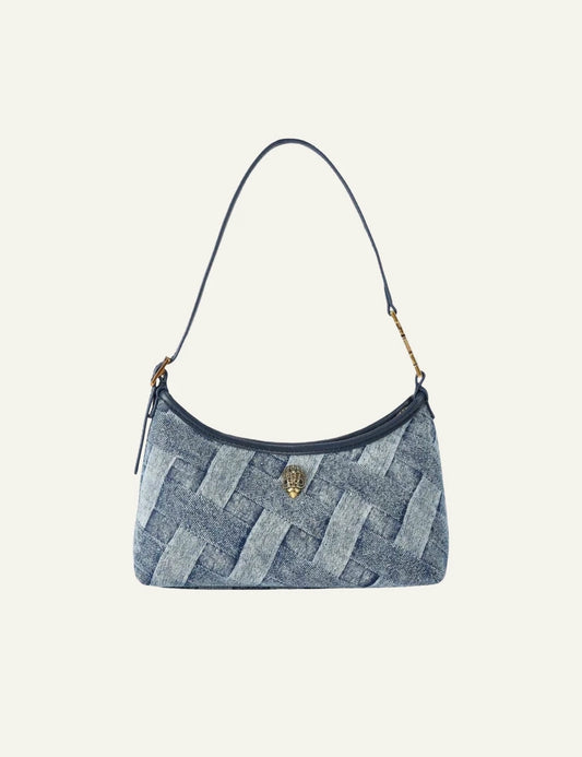 kurt geiger denim shoulder bag woven pattern leather strap front view