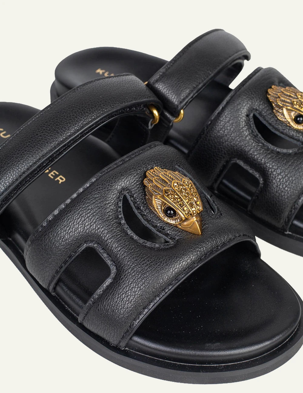 Kurt Geiger Eagle cut out sandal black leather double strap eagle head side logo  view