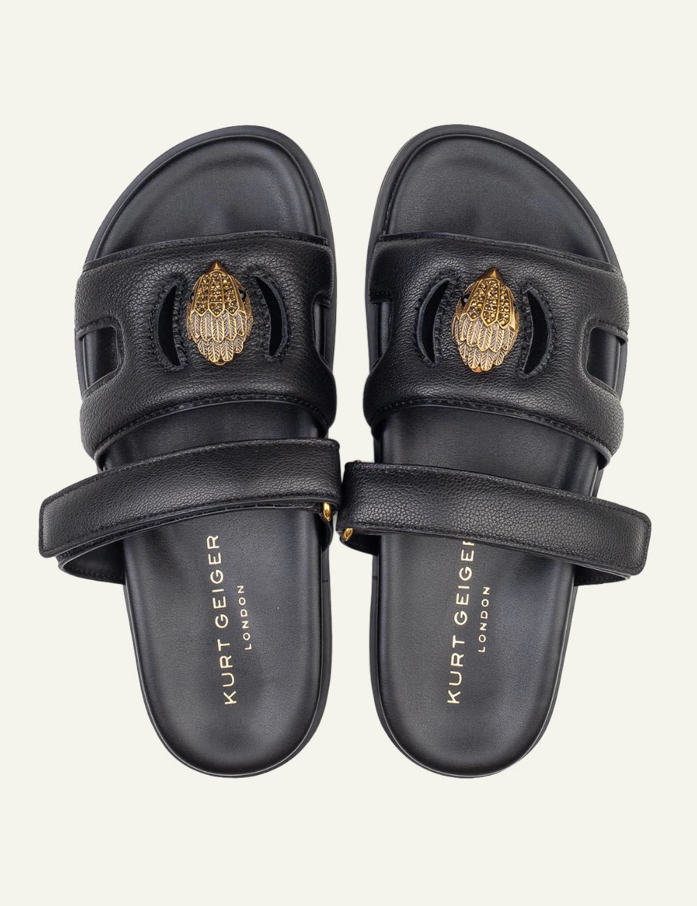 Kurt Geiger Eagle cut out sandal black leather double strap eagle head top view