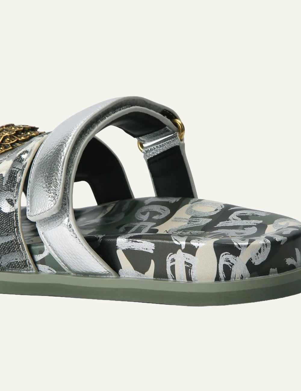 Kurt Geiger Eagle cut out sandal camo green fabric silver strap eagle logo back view