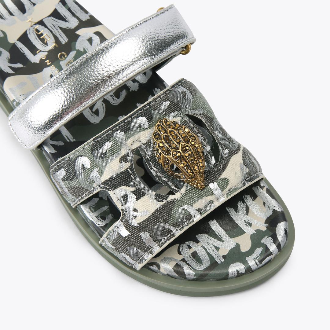 Kurt Geiger Eagle cut out sandal camo green fabric silver strap eagle logo front view