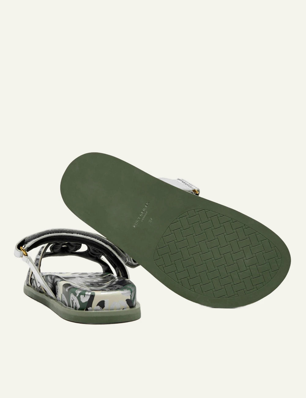 Kurt Geiger Eagle cut out sandal camo green fabric silver strap eagle logo sole view