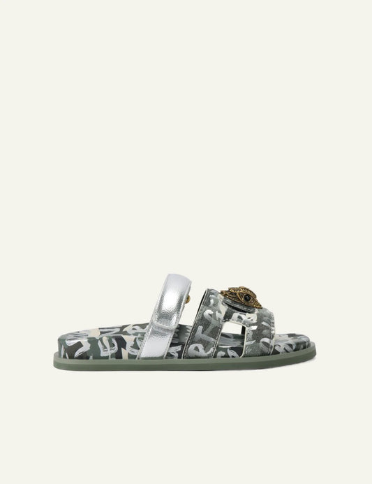 Kurt Geiger Eagle cut out sandal camo green fabric silver strap eagle logo side view