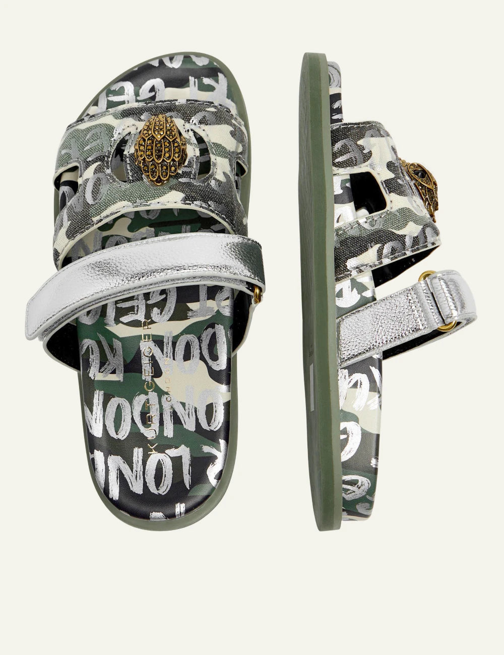 Kurt Geiger Eagle cut out sandal camo green fabric silver strap eagle logo top view