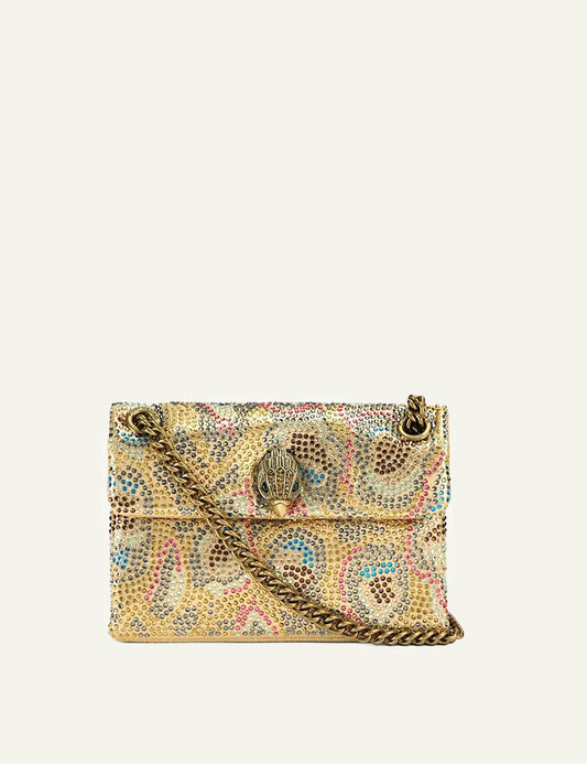 Kurt Geiger Fabric Mini Kensington gold crystal embellished front view
