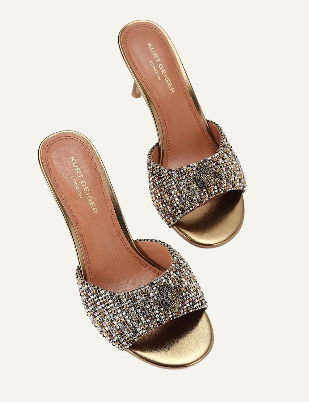 Kurt Geiger gold embellished mule sandals with 7.5 cm stiletto heel top