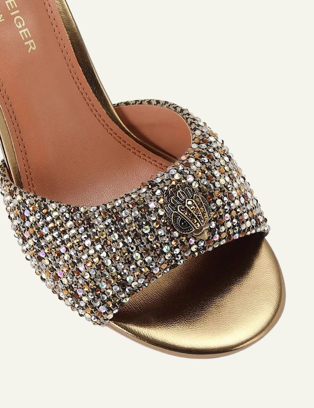 Kurt Geiger gold embellished mule sandals with 7.5 cm stiletto heel angled