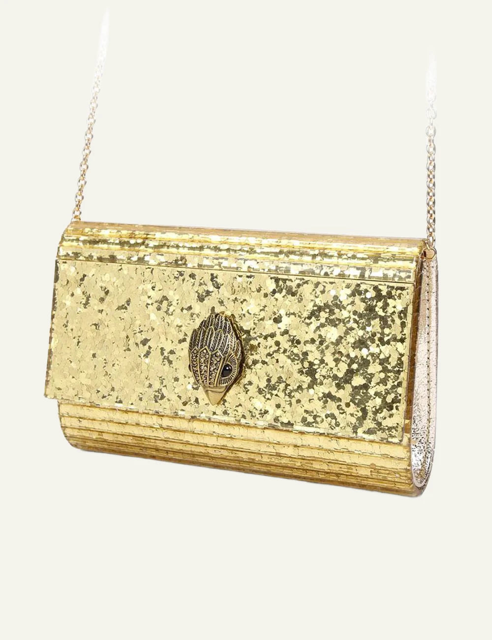 Gold glitter Kurt Geiger clutch bag with eagle head clasp side