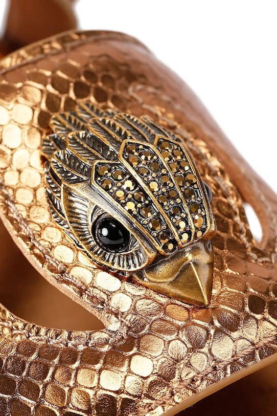Kurt Geiger gold leather sandal snake texture floral studs eagle logo detail logo view.