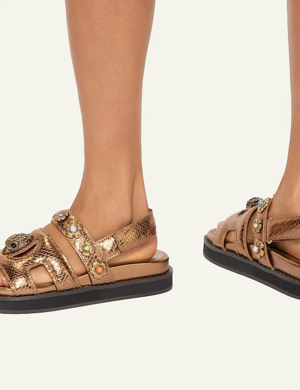 Kurt Geiger gold leather sandal snake texture floral studs eagle logo side model view