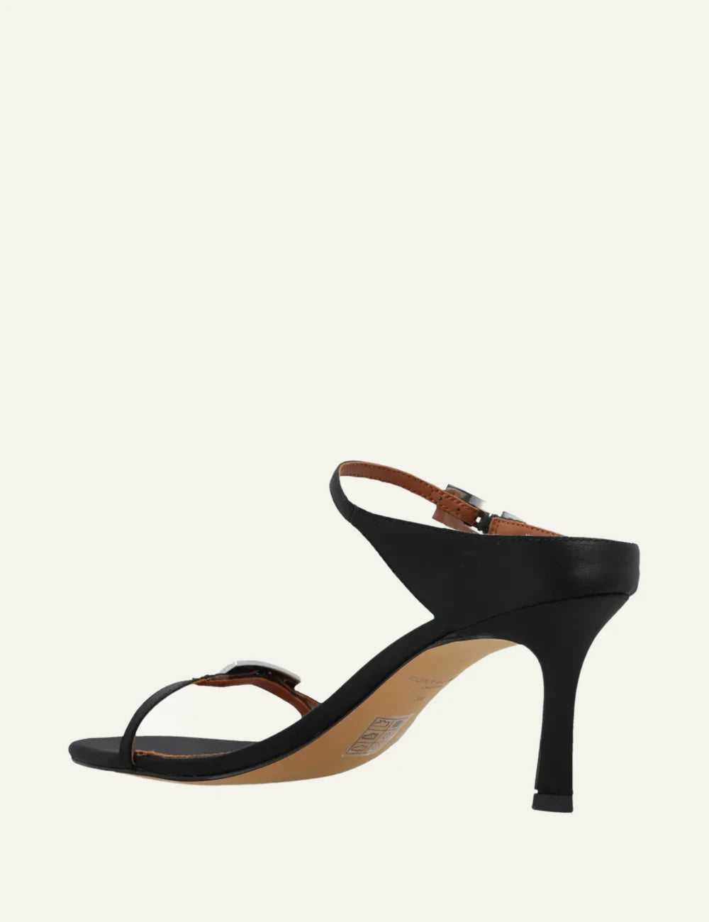 Kurt Geiger heeled sandal black leather silver strass buckles back view