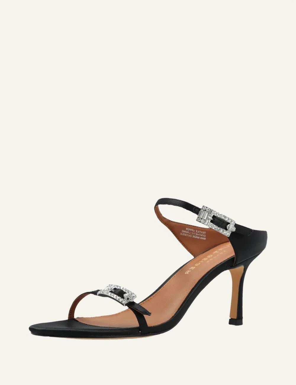 Kurt Geiger heeled sandal black leather silver strass buckles profile view